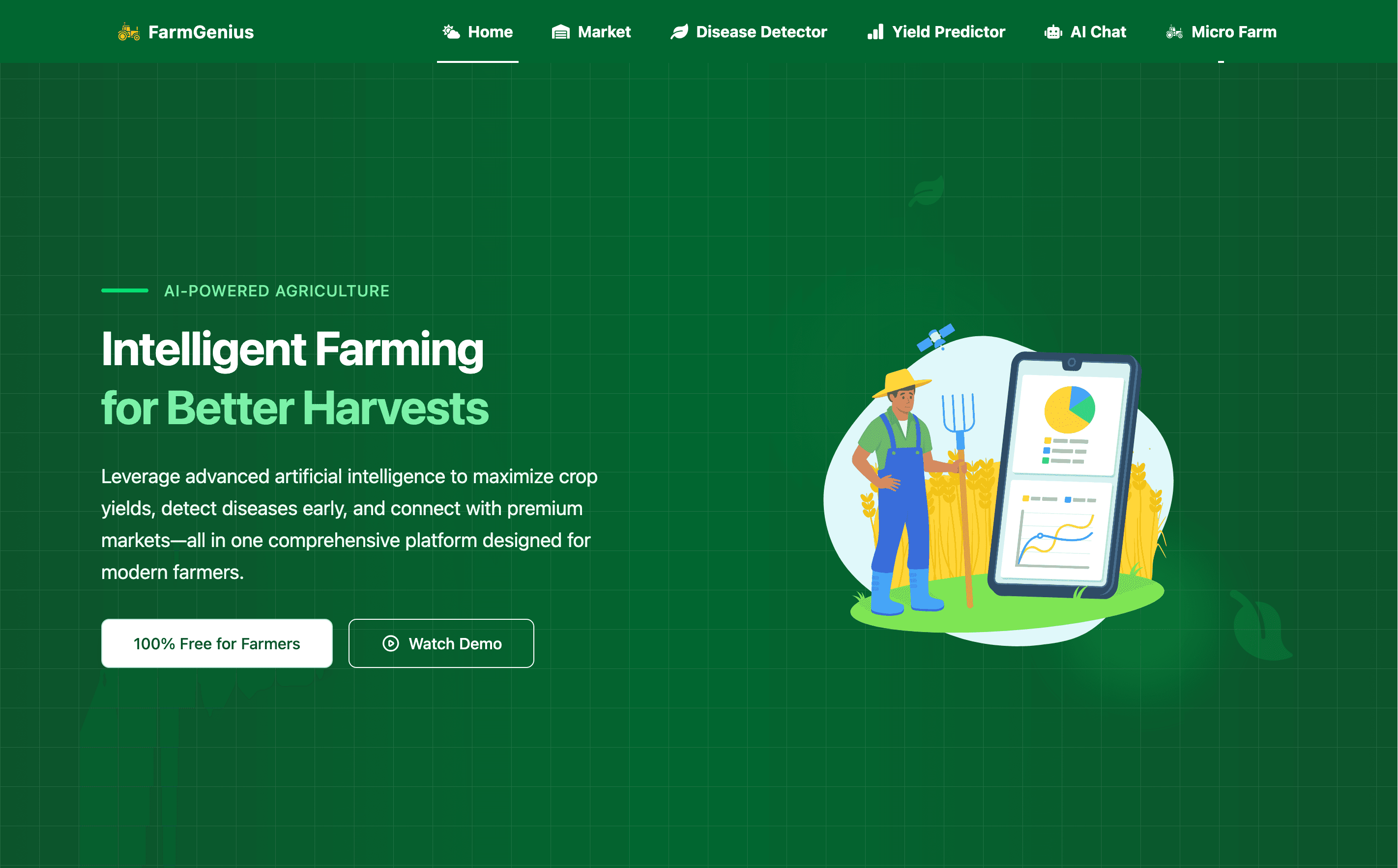 FarmGenius frontend showing its intelligent farming home page